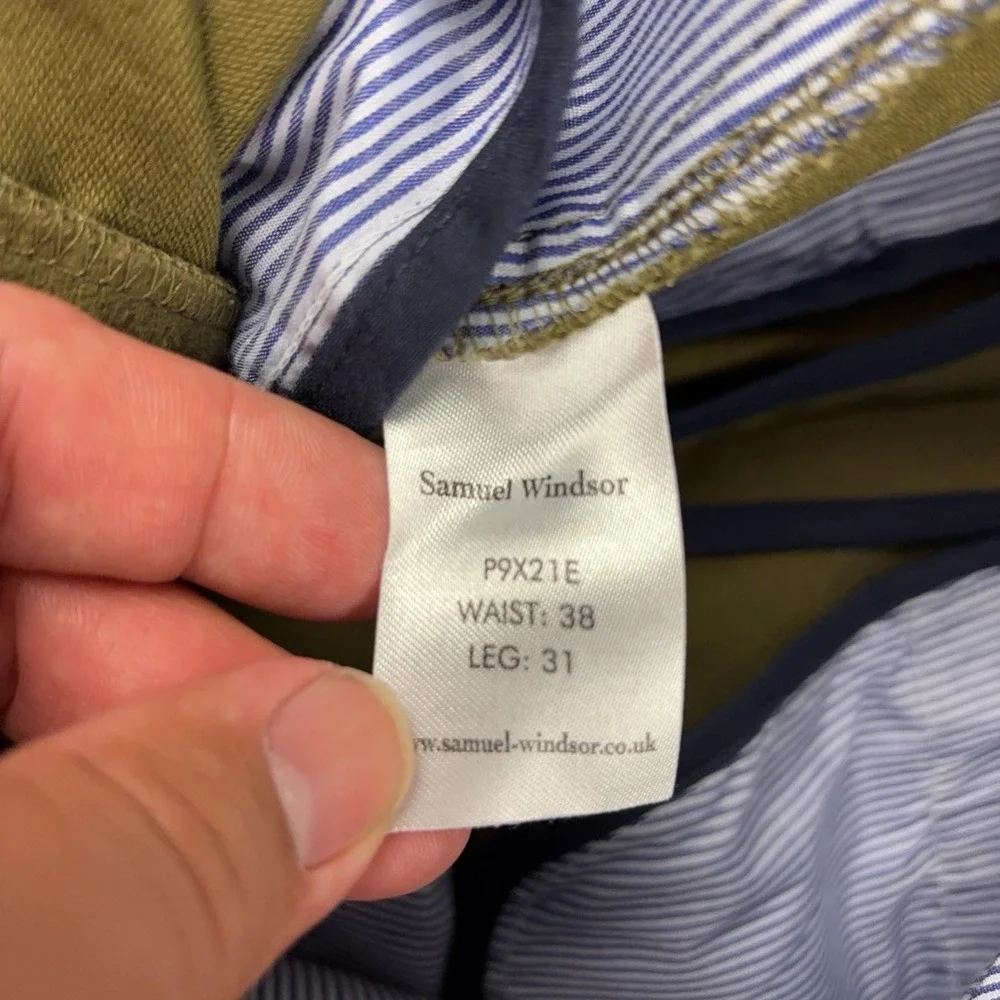 Samuel Windsor Pants Mens 38x31 Green Flannel Chino Cotton Straight Casual